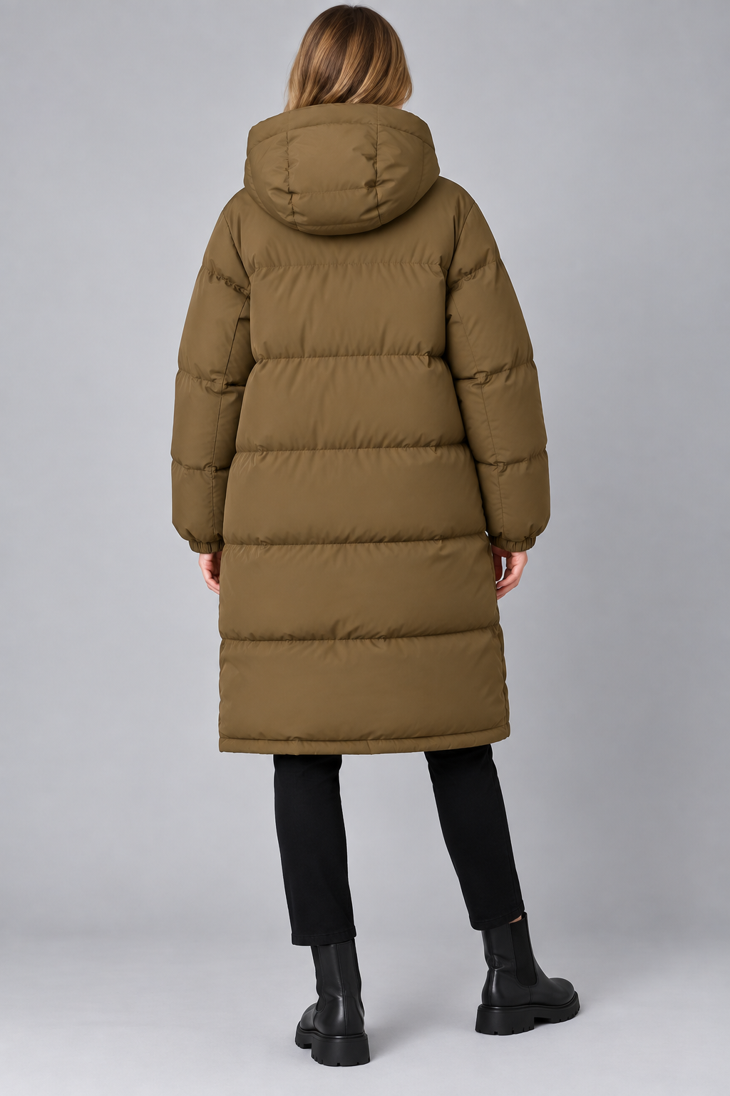 ARKET długa kurtka puchowa z kapturem – khaki, XS
