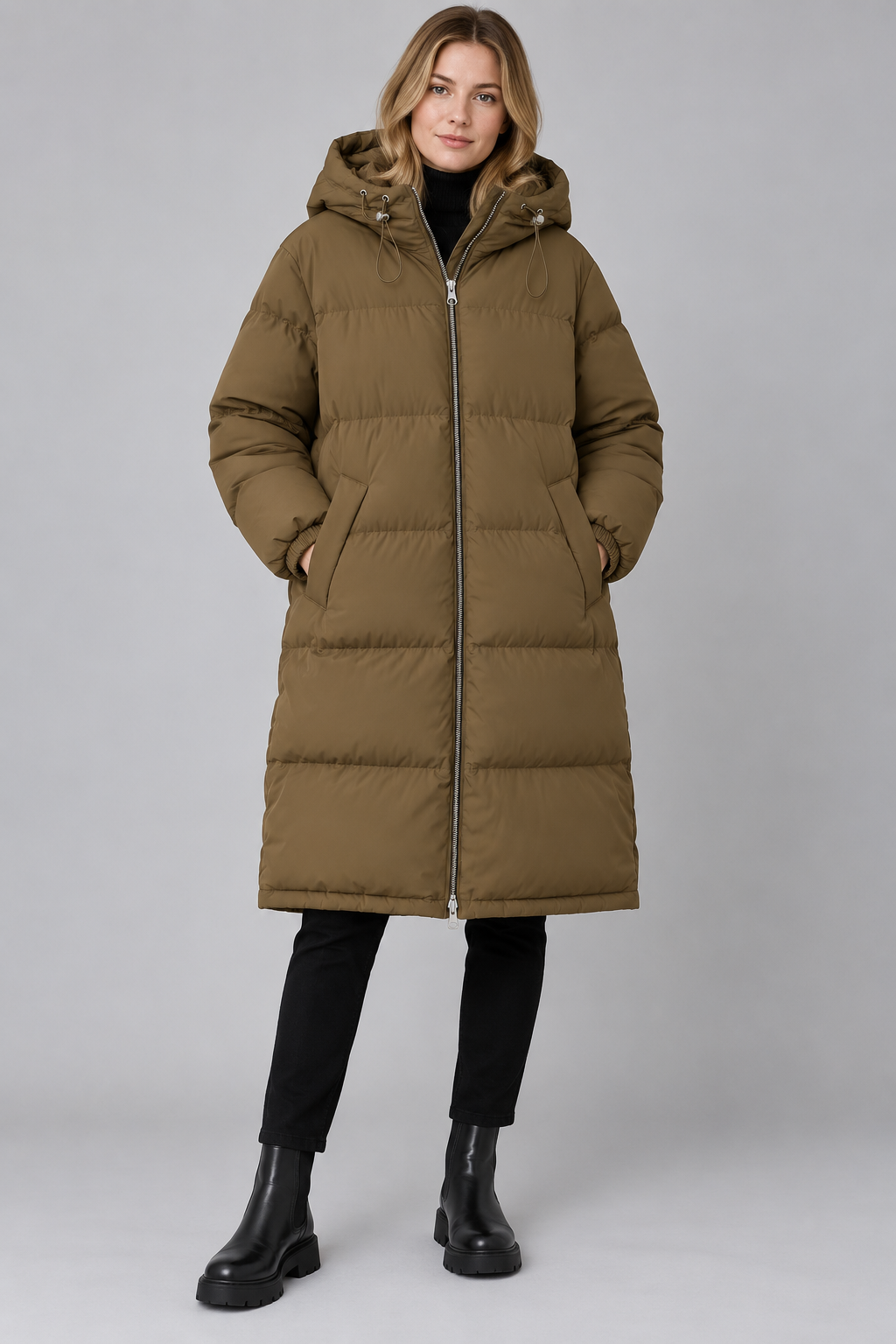 ARKET długa kurtka puchowa z kapturem – khaki, XS
