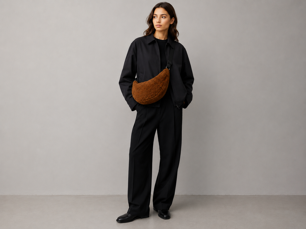 COS avikailio crossbody rankinė – ruda, pusmėnulio formos, minkštas avikailis – produkto nuotrauka 3