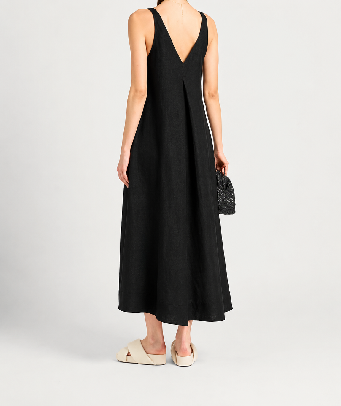 Cos suknelė – juoda lino midi suknelė, A formos silueto