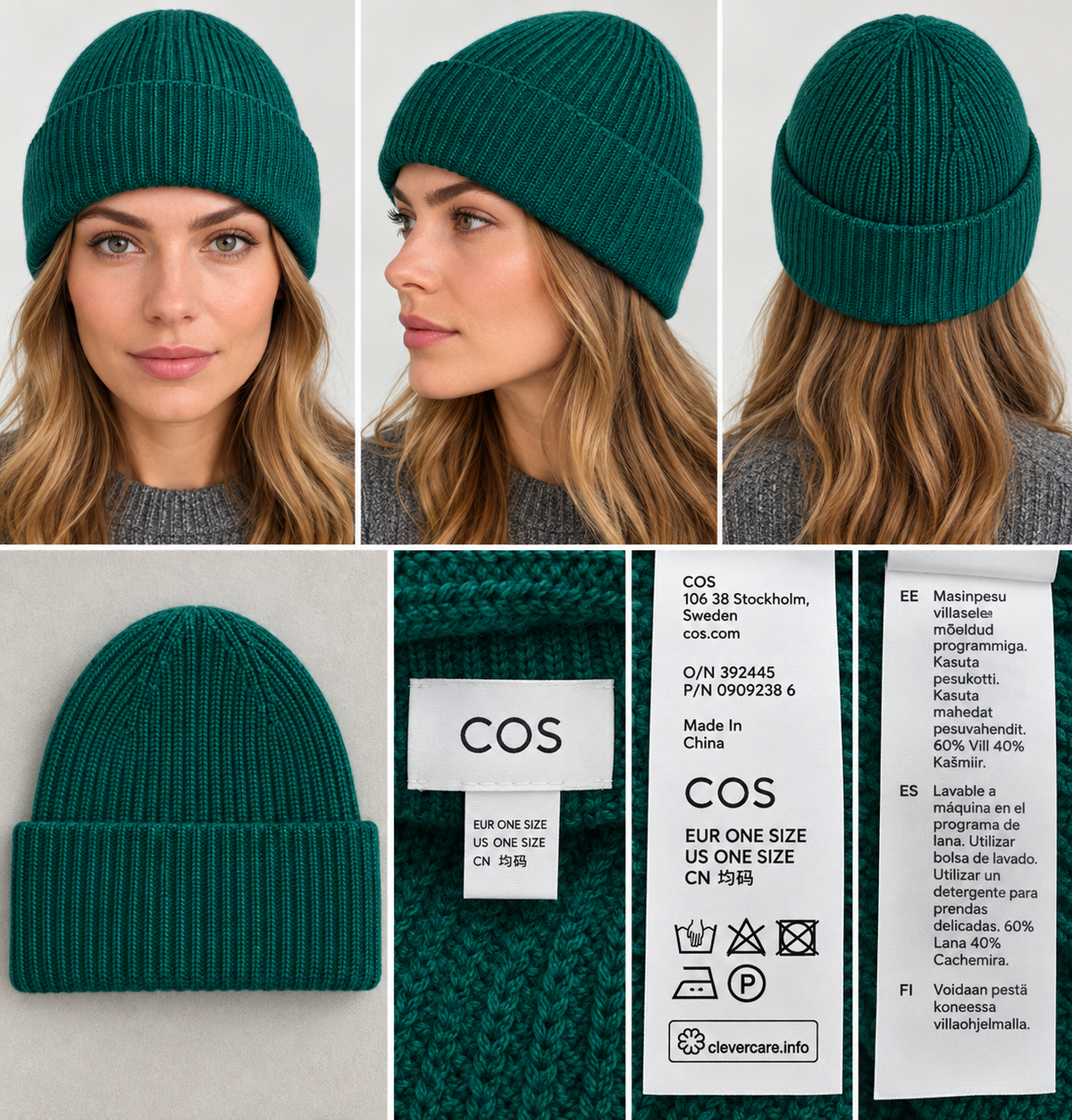 COS megzta kepurė – tamsiai žalia, vilna/kašmyras, ONE SIZE
