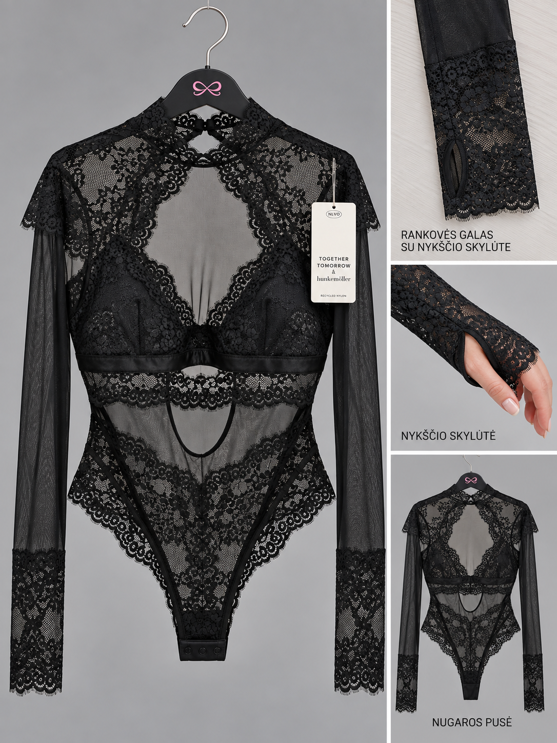 Hunkemöller nėrinių body – juodas, perdirbtas nailonas, M dydis