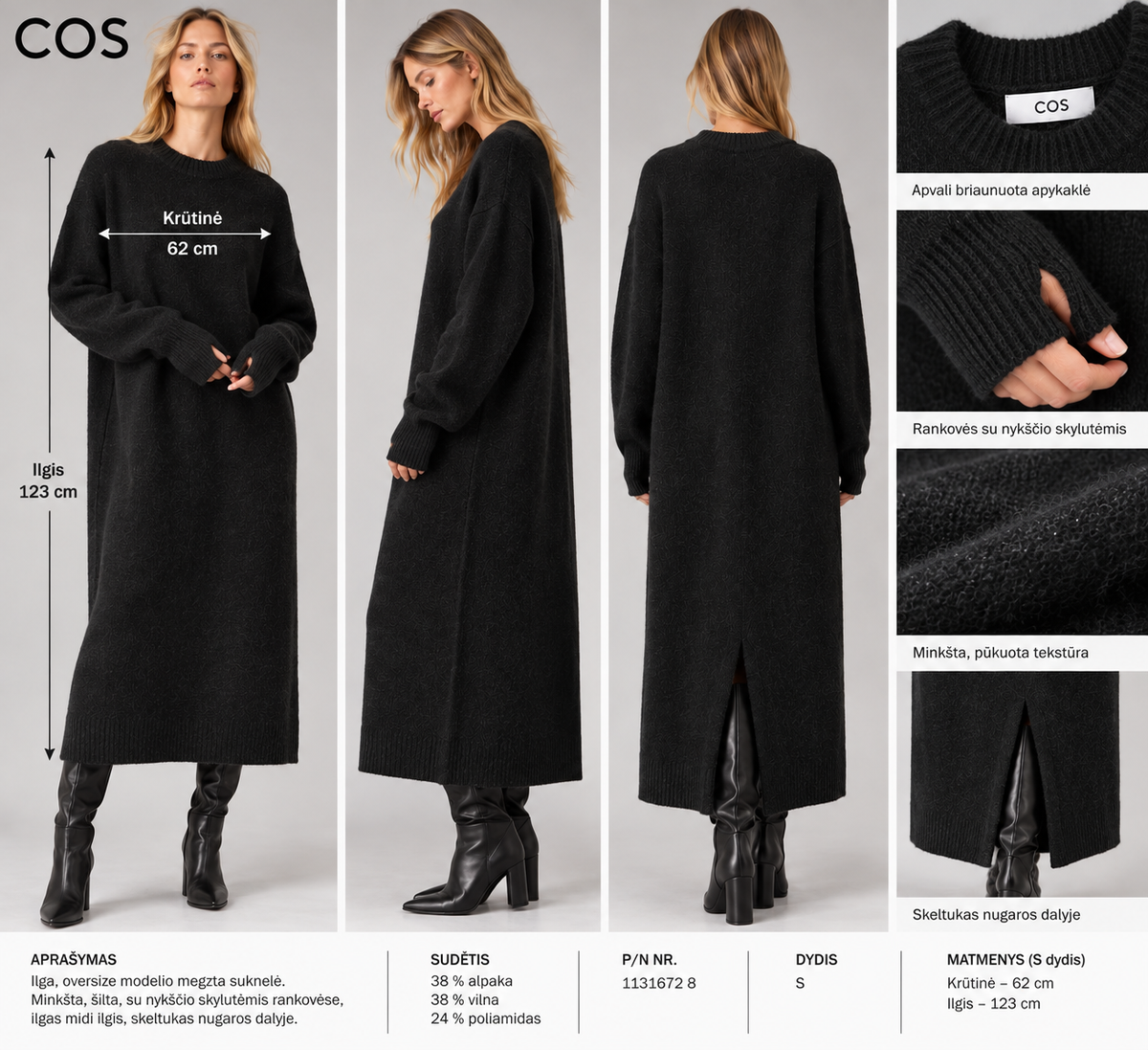COS juoda alpakos-vilnos megzta suknelė – oversize silueto, S dydis
