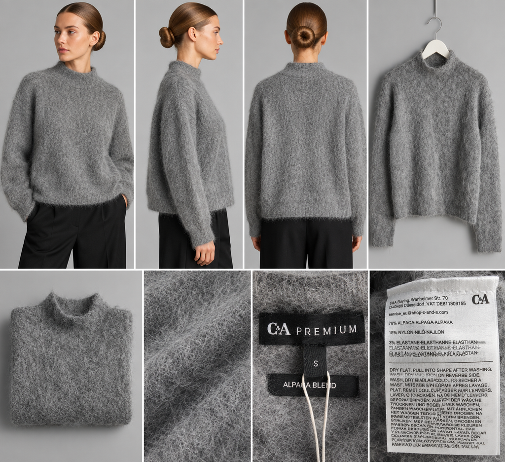 Sweter C&A Premium z domieszką alpaki – szary, z golfem, S