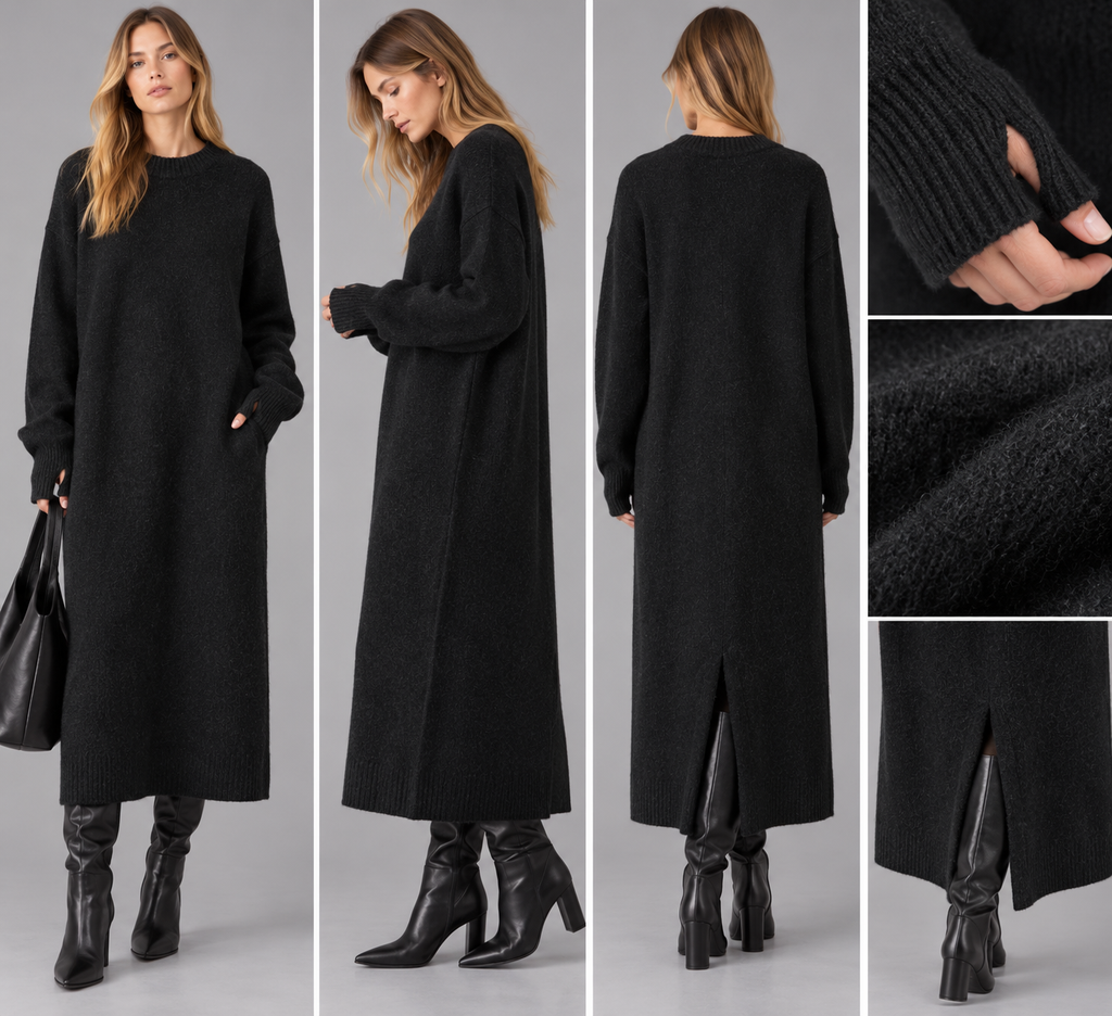COS juoda alpakos-vilnos megzta suknelė – oversize silueto, S dydis
