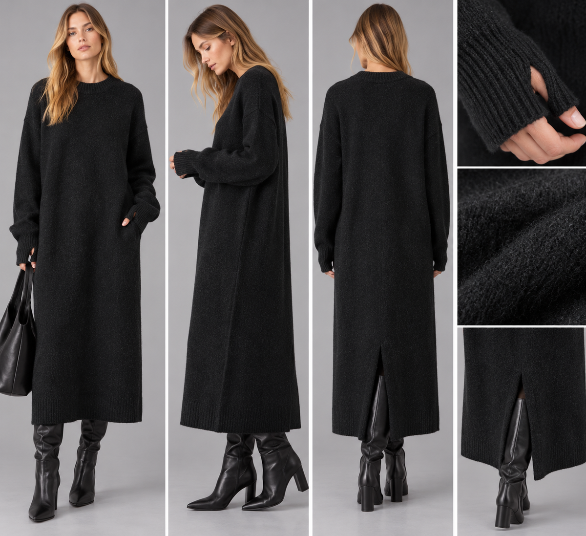COS juoda alpakos-vilnos megzta suknelė – oversize silueto, S dydis