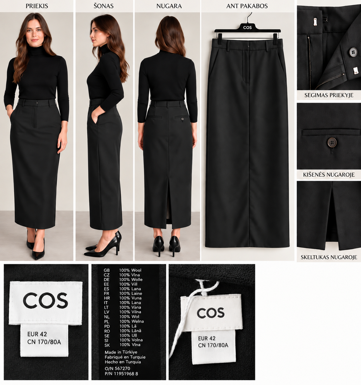 COS midi sijonas – juodas, vilnos, 42