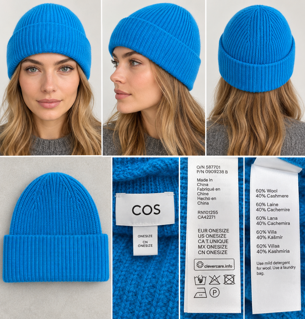 COS megzta kepurė – ryškiai mėlyna, vilna/kašmyras, ONE SIZE