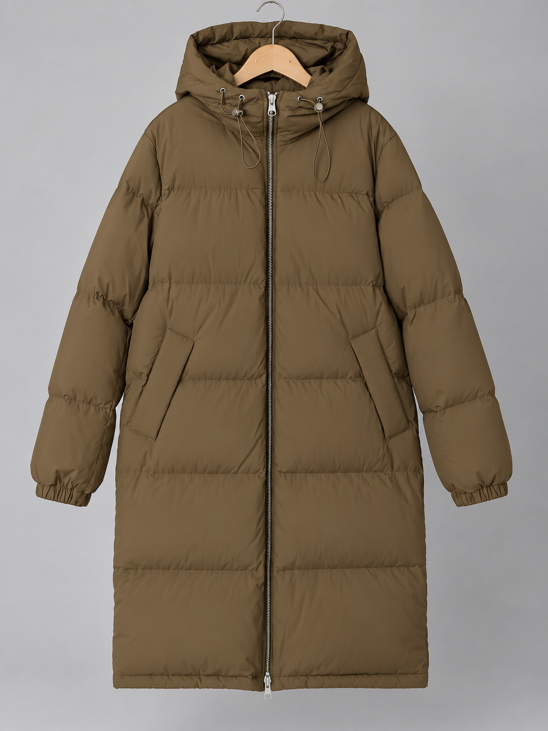 ARKET długa kurtka puchowa z kapturem – khaki, XS