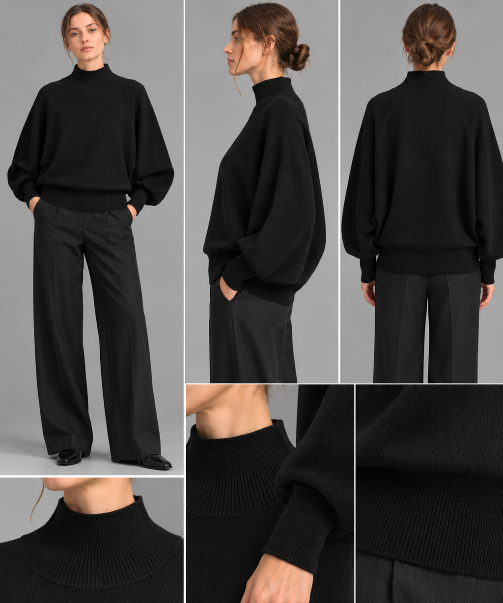 Sweter COS – czarna wełna, wysoki prążkowany golf