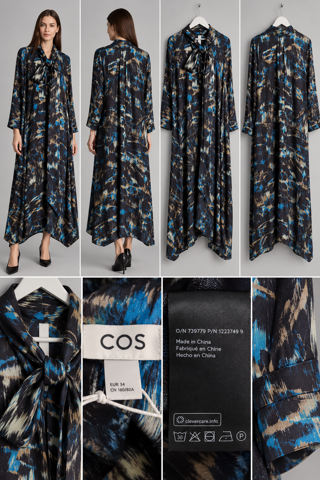 COS midi suknelė – tamsus raštas, cupro/lyocell, dydis 34