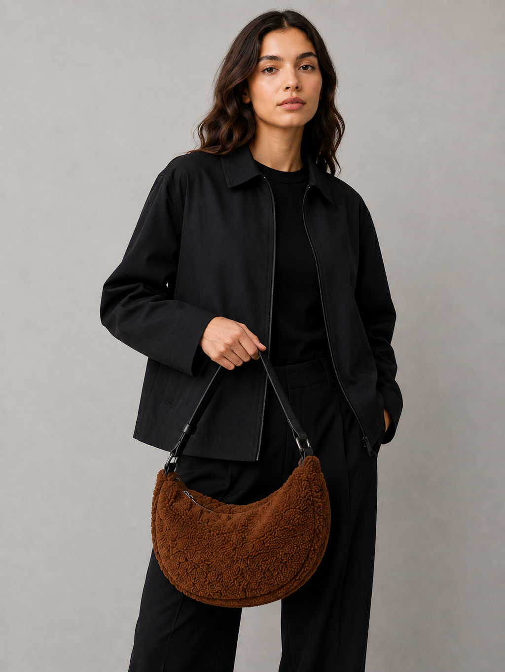 COS avikailio crossbody rankinė – ruda, pusmėnulio formos, minkštas avikailis – produkto nuotrauka 4