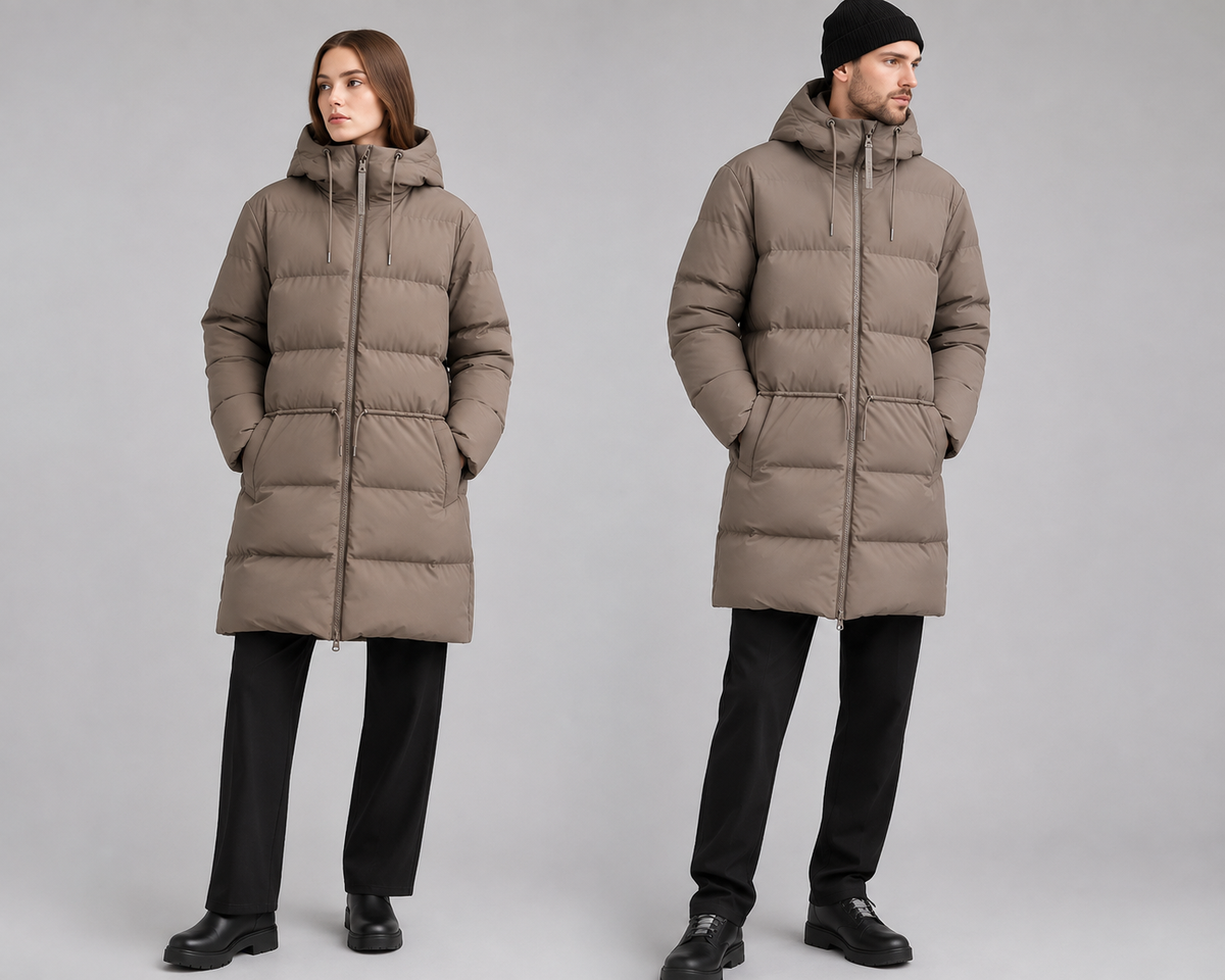 RAINS pūkinis paltas – unisex, sutraukiamas juosmuo, atsparus lietui – produkto nuotrauka 2