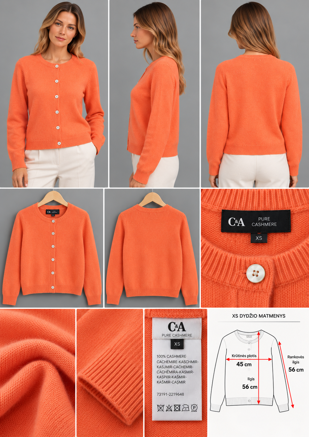 C&A Premium kašmyro kardiganas – koralinė oranžinė, XS dydis