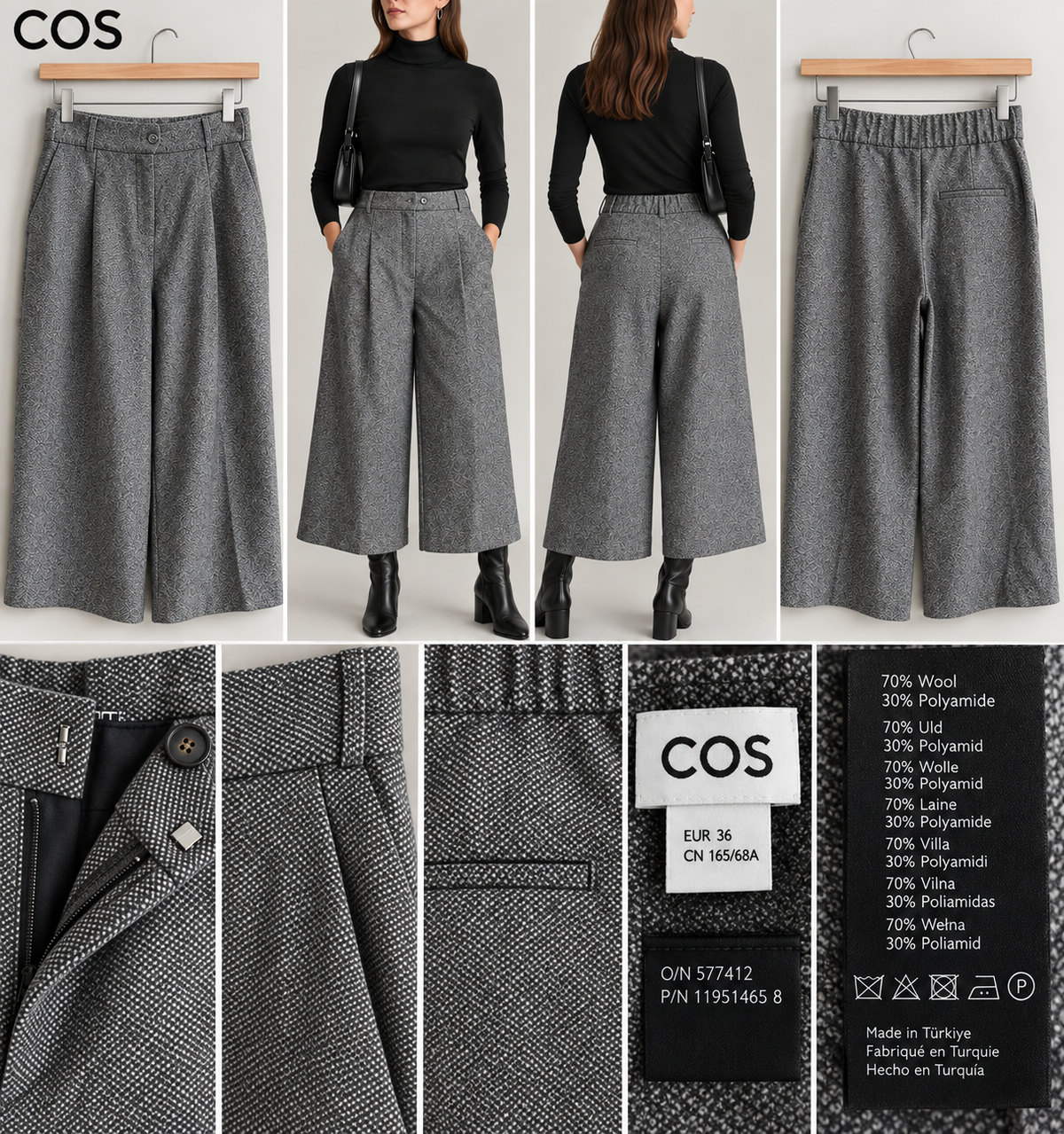 COS kulotės – pilkos, vilnos mišinio, 36